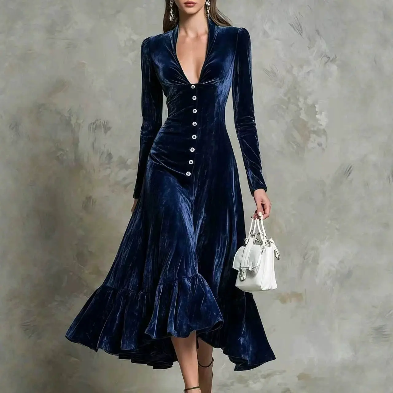 Petal's Buttoned Lapel Long-Sleeve Waist-Cinching Dress