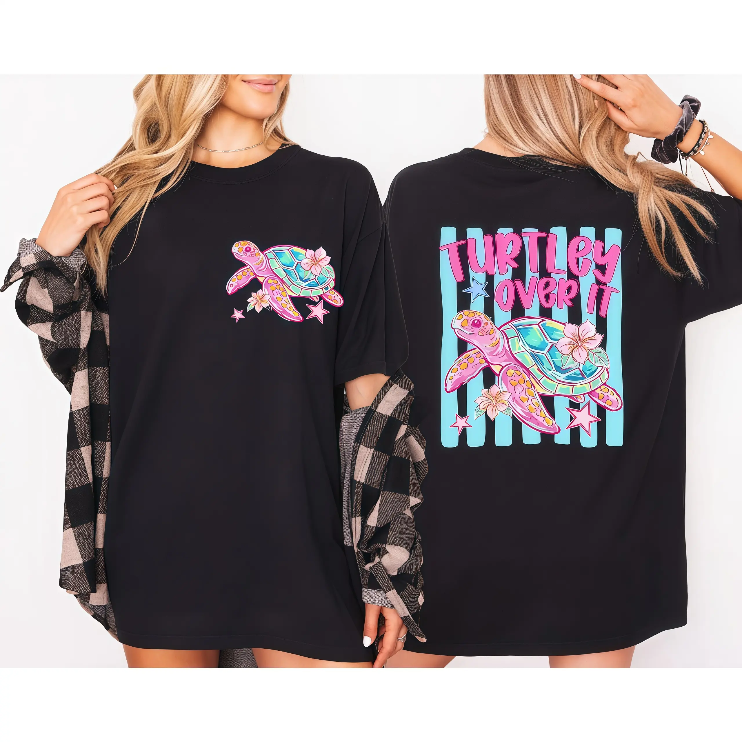 Turtley Over It Sea Turtle Shirt, Preppy Striped Summer Tee Casual Menswear Crew Neck Graphic Print T-Shirt Top Womenswear Streetwear Tshirt