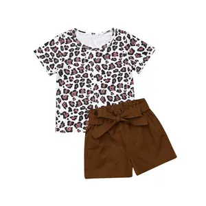 Ma&Baby Toddler Baby Girl Summer Clothes Short Sleeve Leopard Print T-shirt Tops + Ruffled Bowknot Shorts Set