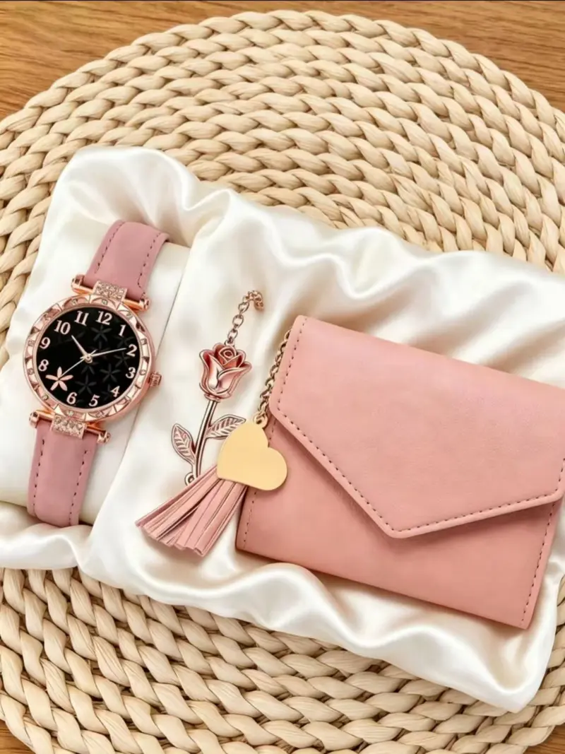 Kohl\'s Pink Leather-Look Watch and Rose Gold Heart Jewelry Set Kohls Pink & Pewter Women main image 4