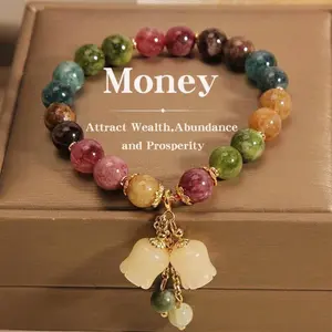 Rainbow Tourmaline Round Bead Bracelet with Colorful Flower Charms Bohemian Unisex Jewelry Symbolizing Wealth Fortune Fashion Accessory