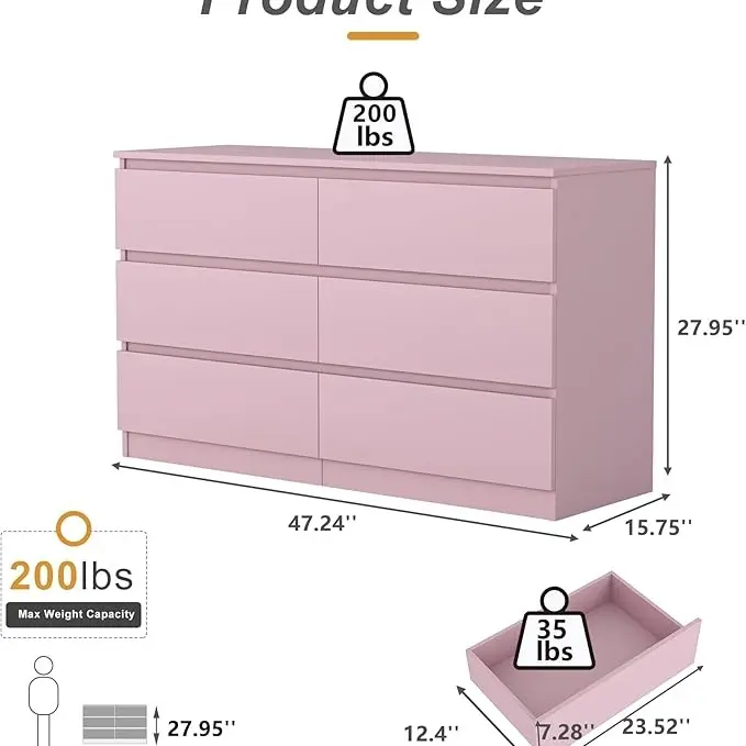 Pink-6 Drawers(15.8"D x 47.2"W x 28"H)