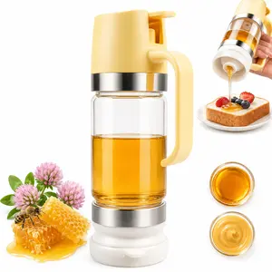 Glass Honey Dispenser No Drip , 9 OZ Honey Pot with Handle, Leakproof Maple Syrup Dispenser for Coffee, Tea, Pancakes, Breakfast, Yellow, 1 Pack