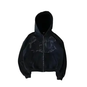 Men’s Y2K goth streetwear hoodie, hip hop street style, Harajuku gothic pattern, zip-up graphic sweatshirt, 1990s anime design