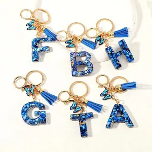 1pc Blue Initial Letter Keychain with Cute Butterfly Charm - Durable Resin Initial Keychains Accessory for Bags, Car Keys - Ideal Gift for Women, Initial Keychain Keychains