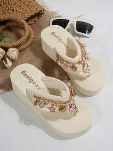 Summer Pearl Fish Decorative Thick Sole Sandals for Women, Height Boosting Slimming Beach Slippers, Beach Ready, Perfect for Vacation, Footwear