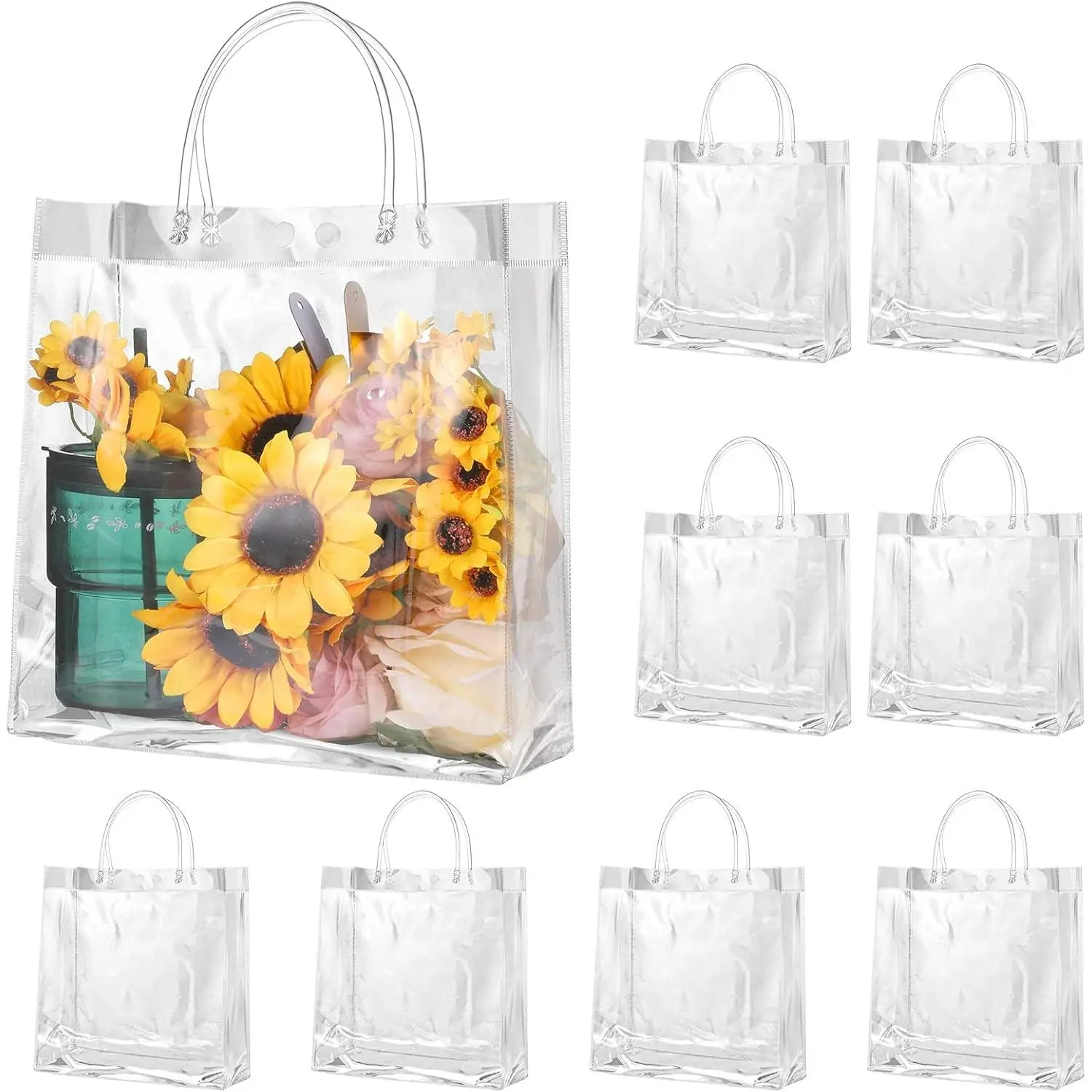 20 Pack Clear  Bags with Handle,  Plastic Bags Small  Wrap Tote Bags Clear Bags for Gifts Wedding Party Favors  Shower Shopping Retail Merchandise(9.8" x 9.8" x 3.5")