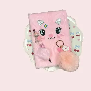 Fluffy Journal Book with Fluffy Colorful Baby Keychain & Bedazzled Beaded Pen Bundle Pink Cat Design Cartoon Characters Notebook