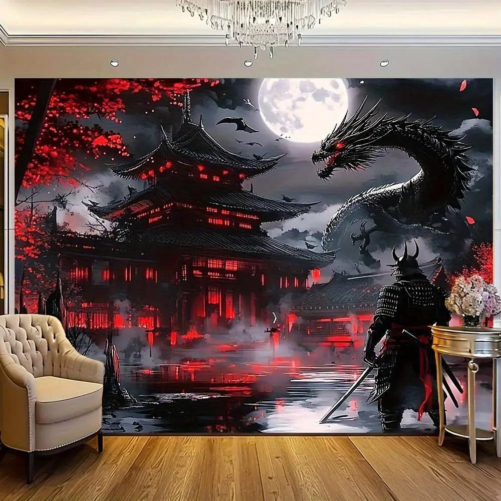 1pc, Samurai And Dragon Japanese-Style Wall Tapestry, Polyester Fabric, Medieval Fantasy Scenery with Red And Black Moonlit Night, Home Decor Wall Hanging Room Gift