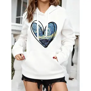 Winter, Women's Hooded Sweatshirt with Heart-shaped Pocket, Casual Long-sleeve Drawstring Hoodie, Women's Clothing