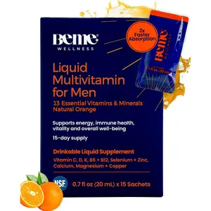 BeMe Liquid Multivitamins for Men - Advanced Liquid Delivery System with 13 Vitamins & Minerals - Tear & Go Sachets, Non-GMO, Orange Flavor (15 Sachets)