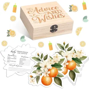 50 Pcs Double Sided A Little Cutie Is on The Way Baby Prediction and Advice Game Cards Orange Cutie Decoration with Wooden Keepsake Box Shower Game Cards