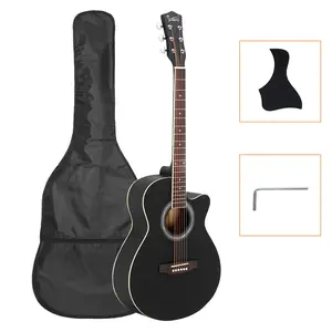 501 40-Inch Spruce Wood Cutaway Acoustic Folk Guitar Kit - Black, with Carry Bag, Fretboard, Wrench Tool, Easy Tuning, for Beginners, Ideal Festival or Birthday Musical Gift, Acoustic Guitar