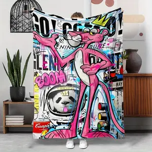Cartoon Pink Leopard Print Flannel Blanket, Lightweight and Soft Gift for Family and Friends, Halloween Christmas Holiday Gift