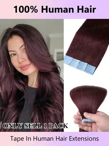 20pcs/pack Tape In Hair Extensions Human Hair Invisible Tape In Extensions Real Hair Wine Red Extensions Glue In Human Hair Seamless Burgundy Extensions For Wedding Straight #99J