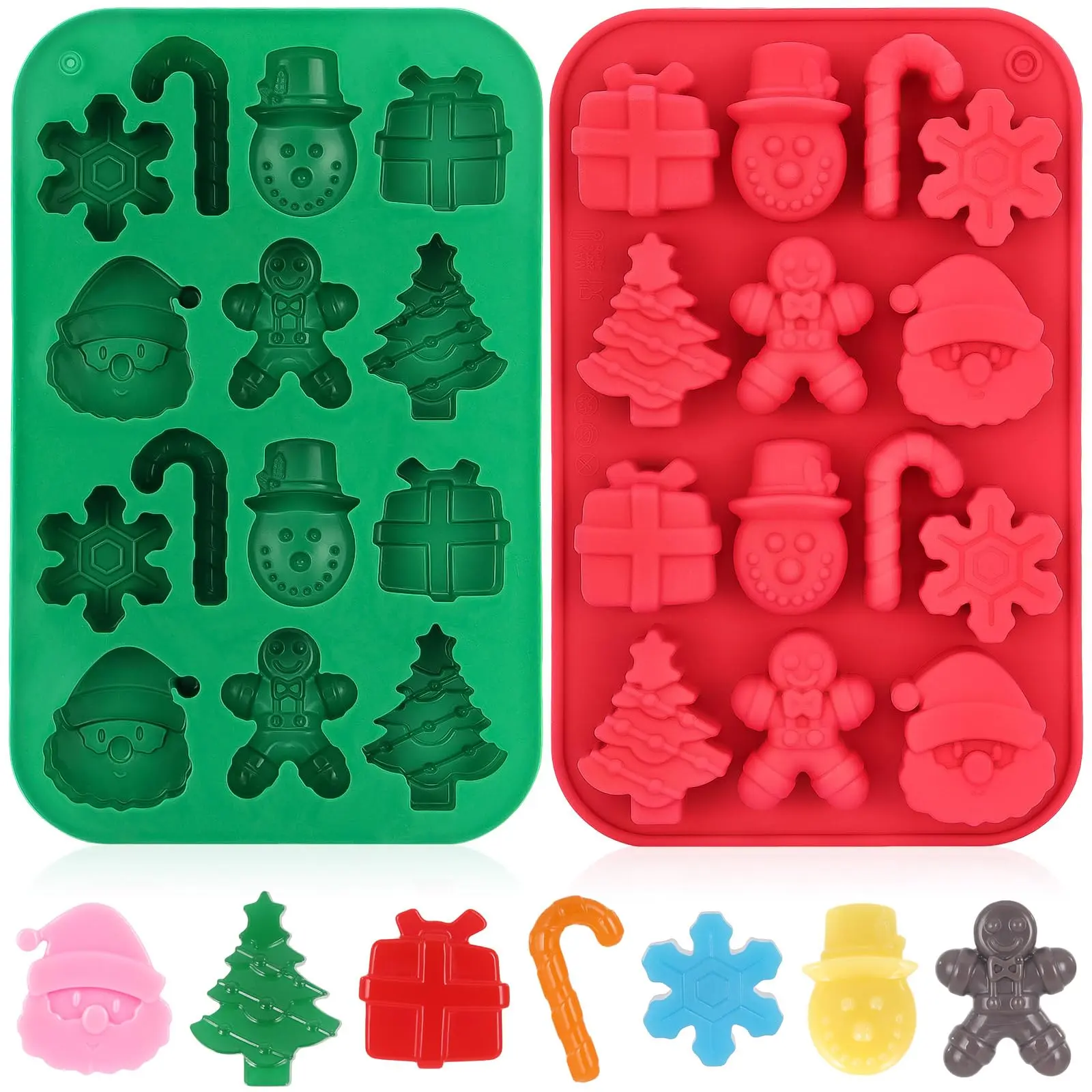 2 Pack Christmas Silicone Chocolate Molds  3d Tree Snowflake Snowman Cane Xmas Non-stick Baking Mold For Diy Candy Soap Biscuit Cake Ice Cube