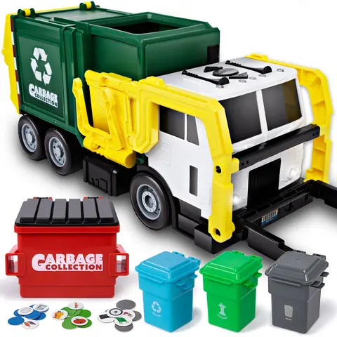 Extra Large Garbage Truck Toy Set With Sound And Light, Includes Dumpster, Trash Bins, and Learning Cards, Gift For Kids Kids Outdoor Play toys boys
