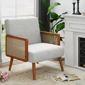 Yongqiang Modern Accent Chair Upholstered Natural Rattan Arm Chairs for Bedroom Living Room Chairs Leisure Side Chairs with Wood Legs Grey Linen Fabric