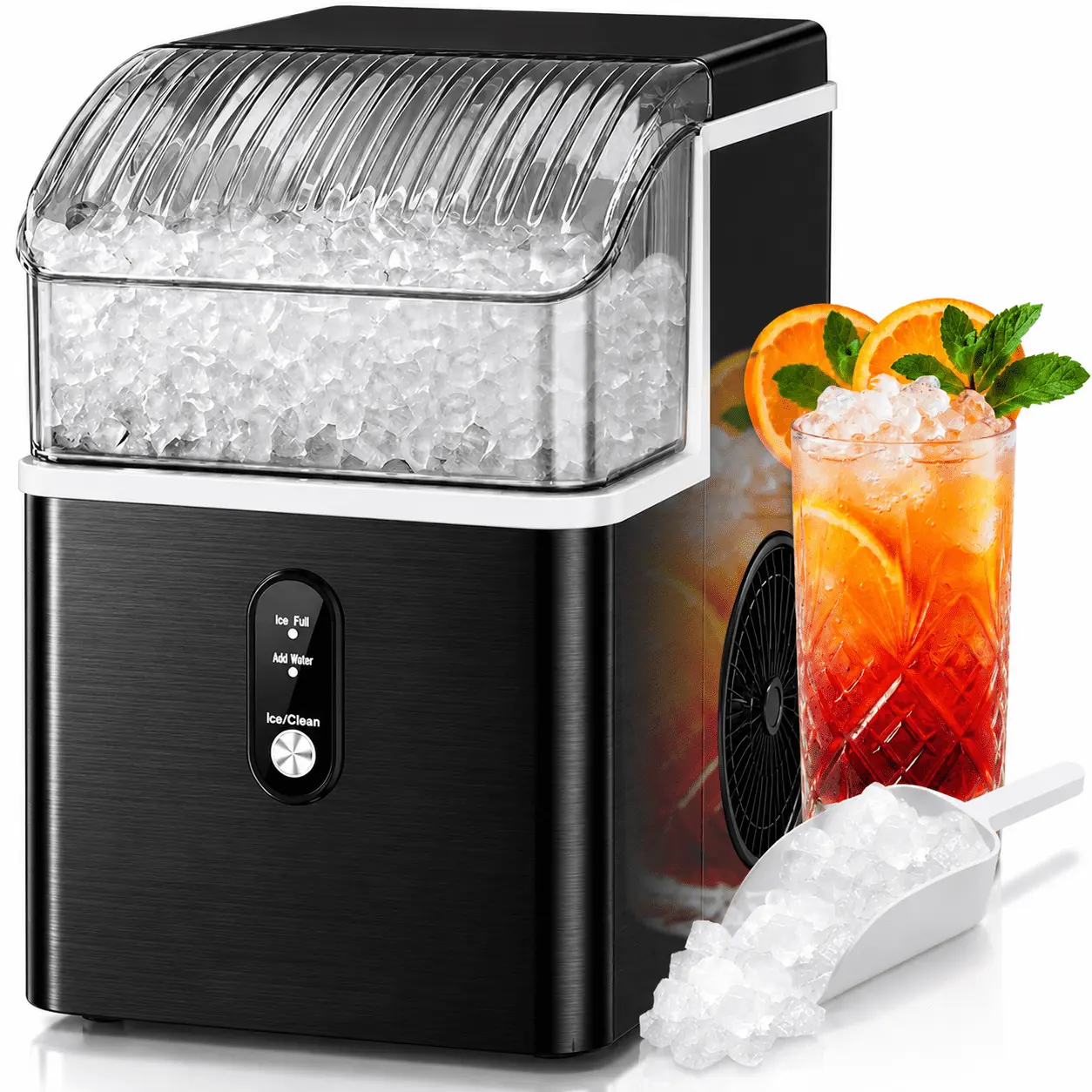 LHRIVER Nugget Ice Maker Countertop, 35lbs/24H with Self-Cleaning Function, Portable Sonic Ice Machine for Home/Office Stainless Steel Black