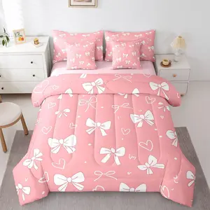 Cute Bowtie 7 Piece Bedding Set,Bow Comforter Bed Set with Sheets,Girly Hand Drawn Love Heart Coquette Bed Bag,Princess Line Bowknot Dreamy Kids Girls Bed Set