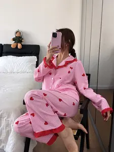Valentine's Day Women's Sleepwear Set, Heart Print Striped Ruffle Long Sleeve Pajamas, Button Front Comfortable Loungewear