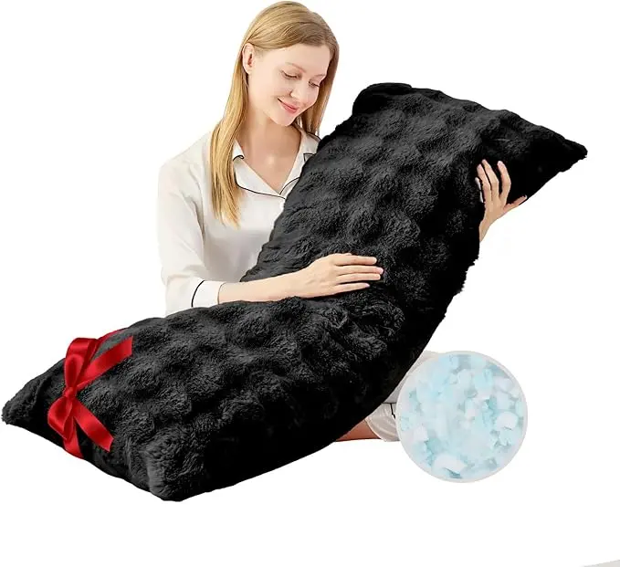 YZ HOME Faux Fur Fluffy Body Pillow for Adults 20x54 Inch Firm Insert with Blue Memory Foam Adjustable Height Soft Support for Side Sleeping & Pregnant Women Washable Black