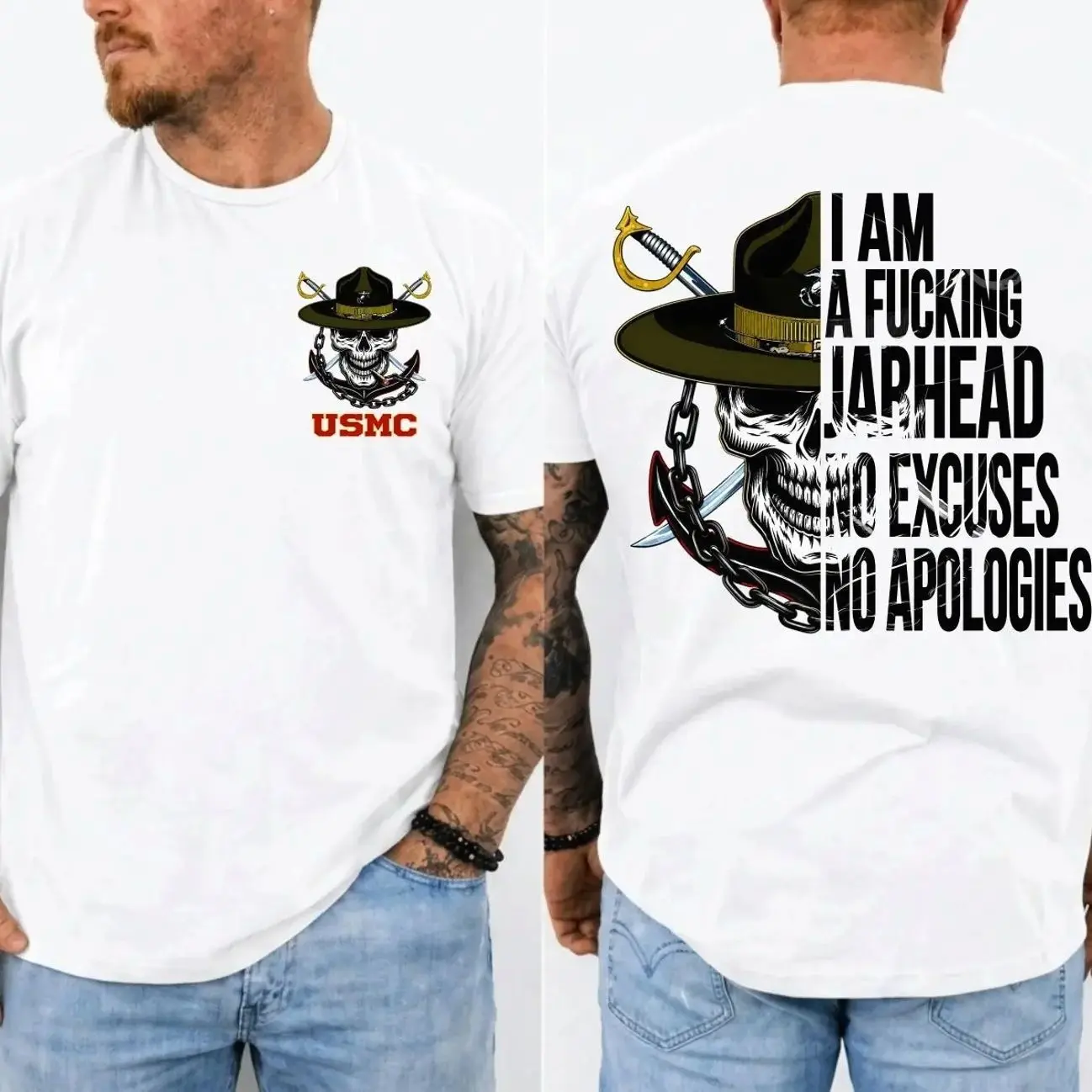 Usmc Jarhead Skull Two Sides Shirt, No Excuses No Apologies Marine Graphic Tee, Unisex Sweater Pullover Tee