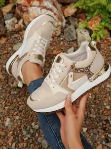 Women's Sequined Patchwork Thick Sole Casual Trainer Shoes Sneaker, Main Color, Lace-Up Design, Comfortable Fit, Fashionable Leisure Style