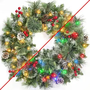 24 Inch Lighted Christmas Wreath for Front Door Artificial Xmas Wreath with Timer 8 Modes 50 Warm White&Multicolored Dual Color Lights 12 Pinecones 12 Berry Clusters for Indoor Outdoor Decor