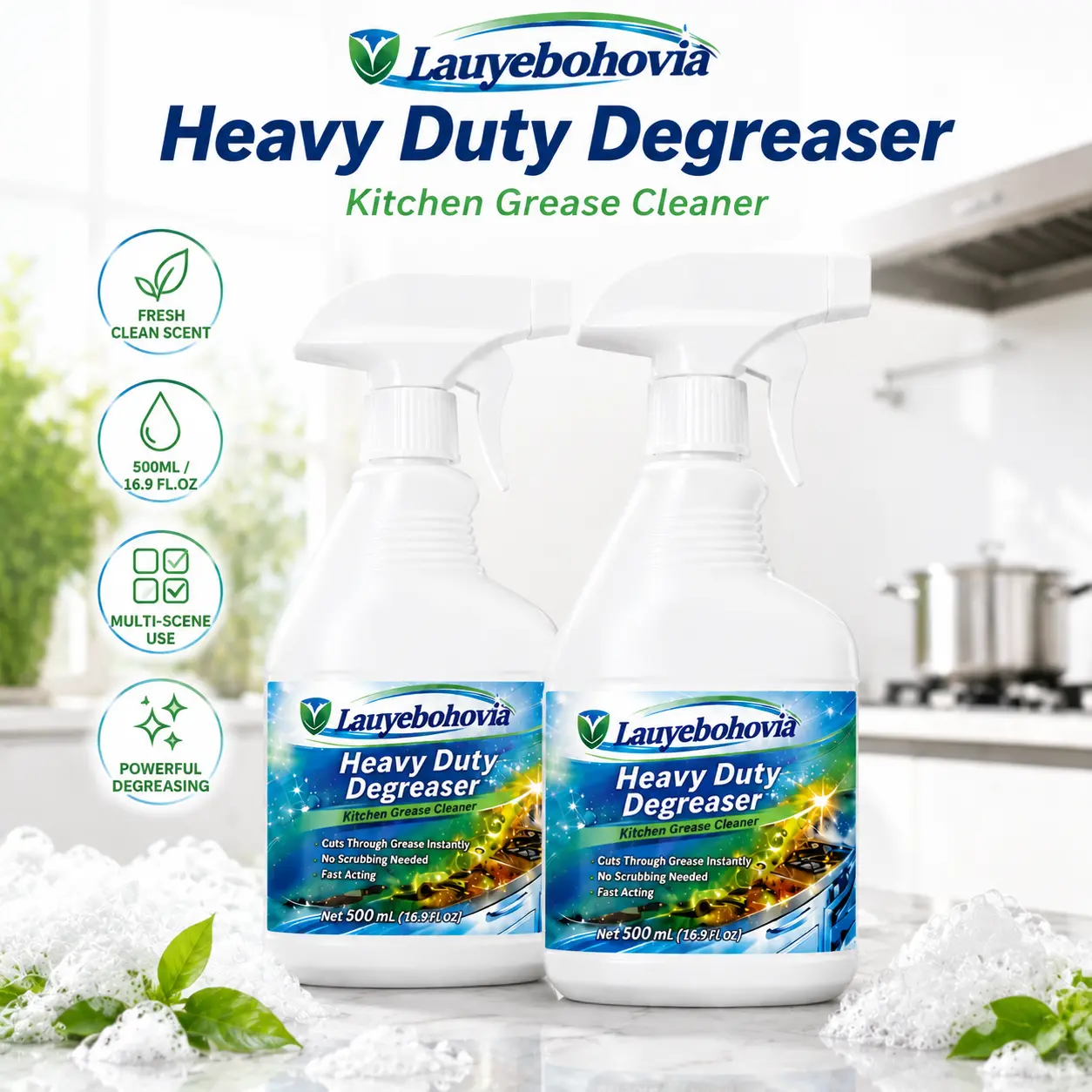 Lauyebohovia 16.9oz (500ml) Heavy Duty Antibacterial Kitchen Degreaser Spray - No Scrubbing All-Purpose Household Grease Remover for Multi-Surface Kitchen Clean, All-Purpose Cleaner, Easy To Clean