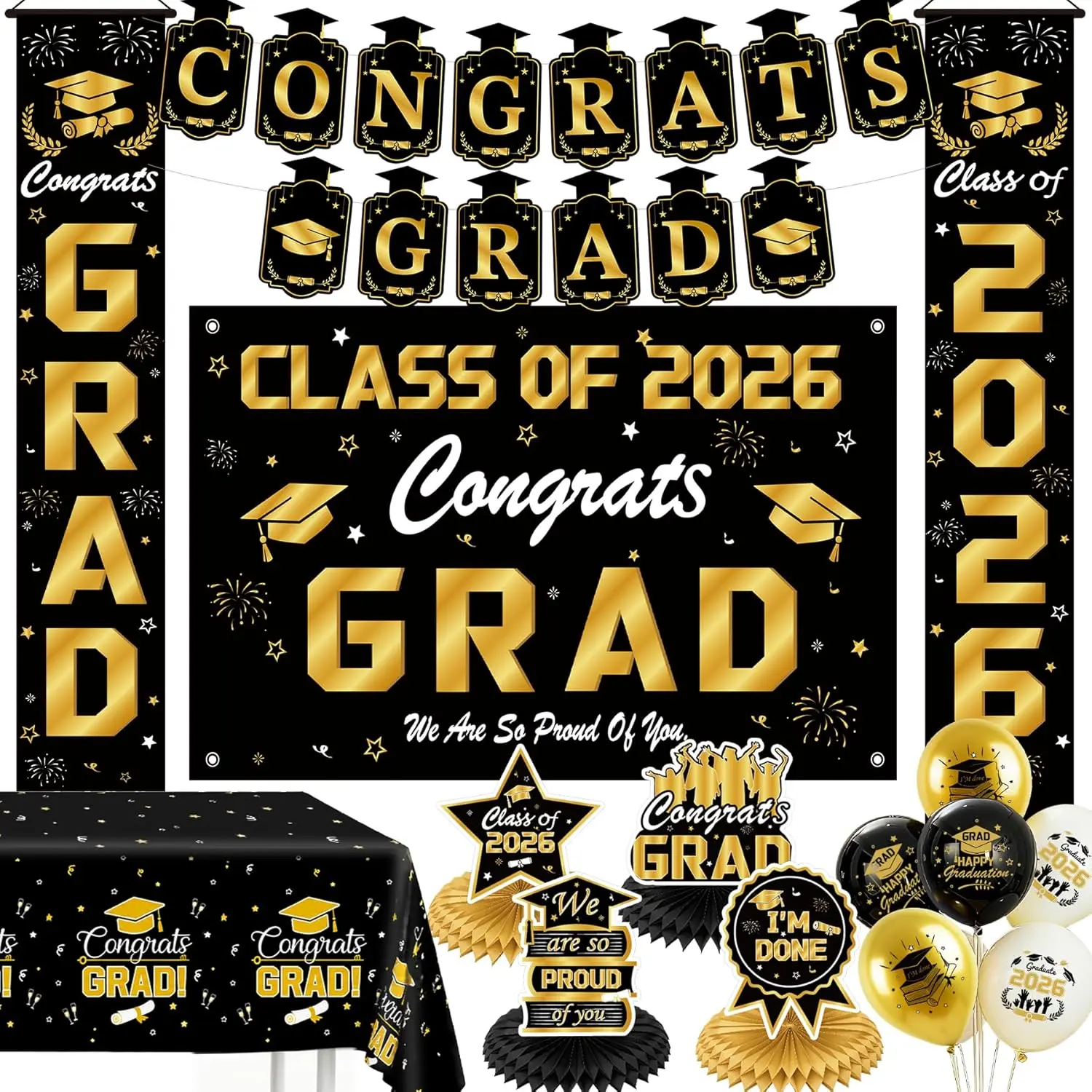 Black and  Graduation Decorations 2026, Class of 2026 Graduation Decorations Set with Backdrop, Tablecloth, Congrats Grad Banner, Porch Banners, Centerpieces & Balloons