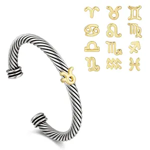 Aprilery Zodiac Horoscope Twisted Cable Cuff Bracelet Personalized Adjustable Two Tone Charm Jewelry For Women Aesthetic Gift