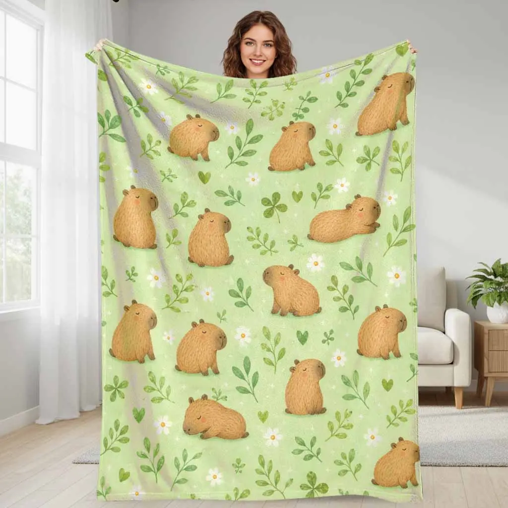 Cute Capybara Flannel Blanket Leafy Daisy Garden Animal Print Cozy Soft Lightweight Warm Plush Throw for Sofa Bed Couch Camping Picnic Birthday Gift Home Decor