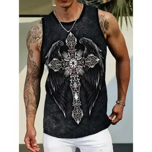 Men'S Casual Print Tank Top with Cross and Wings Design, Polyester, Medium Stretch, Summer, Regular Fit, Adult, Knit Fabric, 140 g/m²