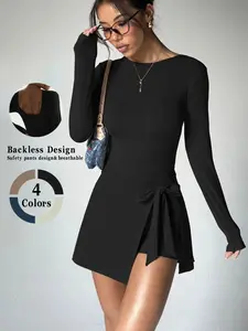 Women's High-End Long Sleeve Tennis Dress, Athletic Dress, Active Dress, Gym Dress, Workout Dress, Fake Two-Piece Design with Safety Pants, Sexy Backless Sports Skirt, High Elasticity Quick-Dry Sweat Absorption