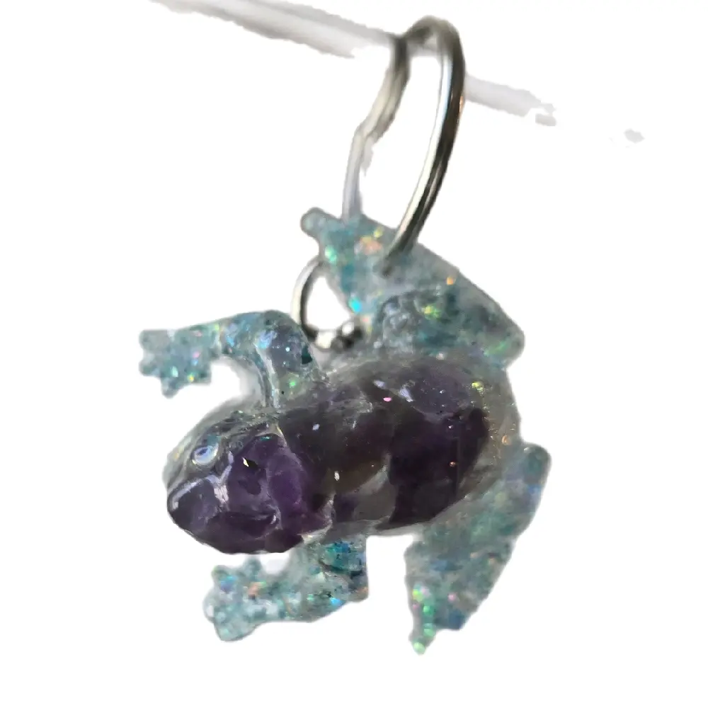 Amethyst Frog Keychain - Sparkling Purple and Blue Glitter Design with Hook Attachment