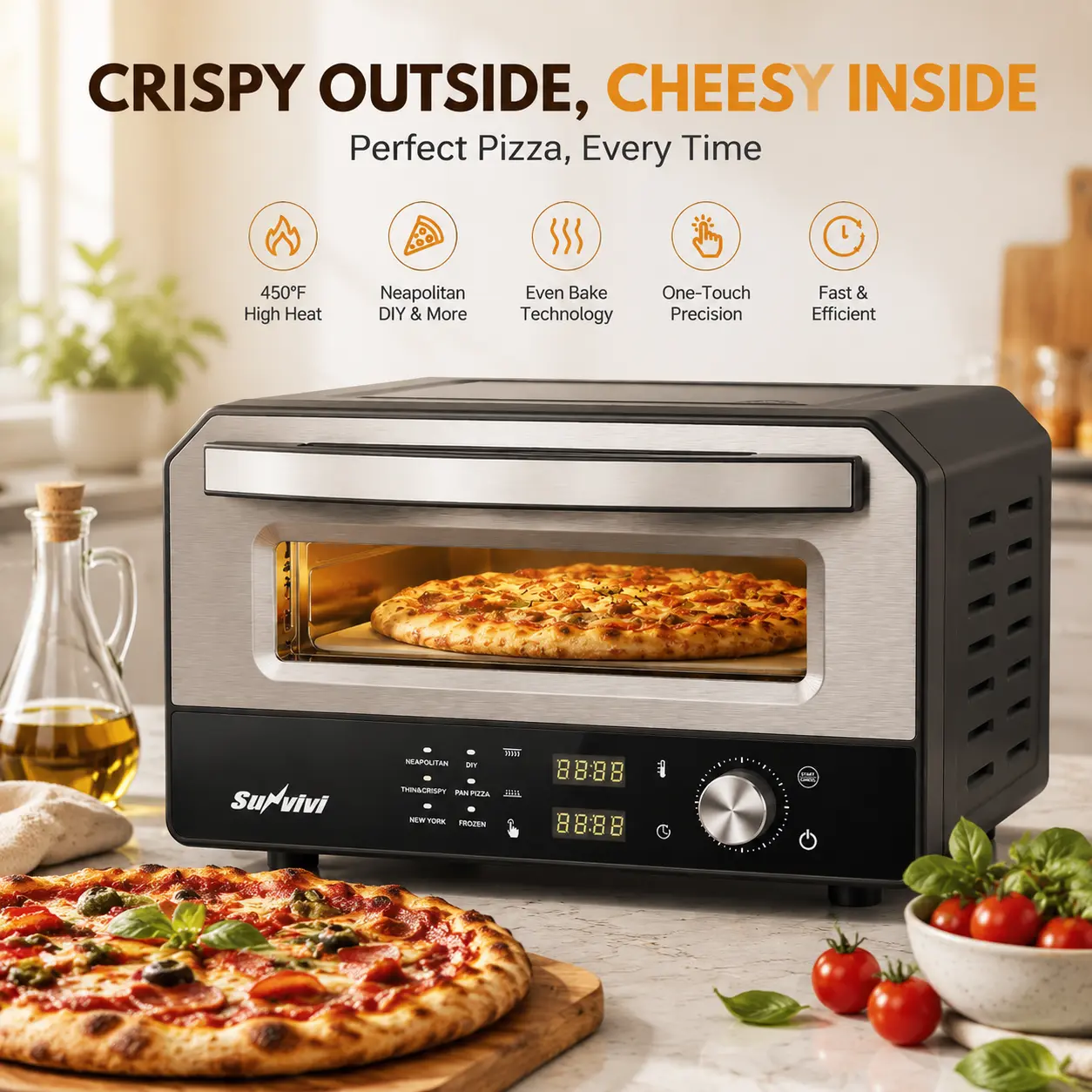 sunvivi pizza oven,electric pizza oven,indoor pizza oven,countertop pizza maker,12 inch pizza oven,750℉ pizza oven,pizza oven with pizza stone and peel,portable pizza cooker,pizza oven for home camping,6 presets pizza oven