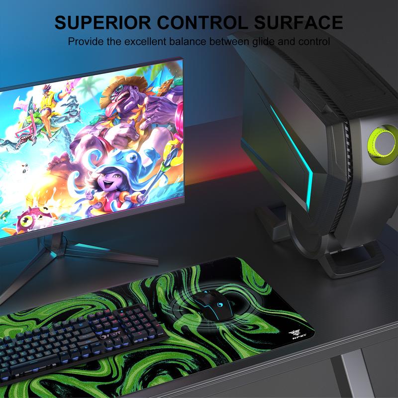 NPET N110 XXL Gaming Desk Mat 35x17 inch Non-Slip Stitched Edge for Office Home Mouse Mover Pad Desktop Accessory with Green Swirl Design