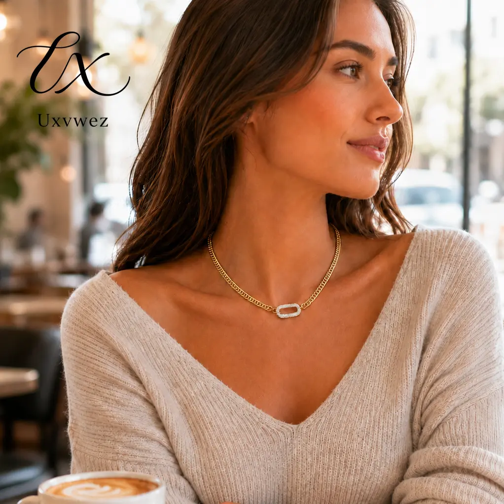 Uxvwez Gold Silver Choker Necklace for Women Cuban Chain with Sparkling Oval Link Everyday Fashion Jewelry Gift