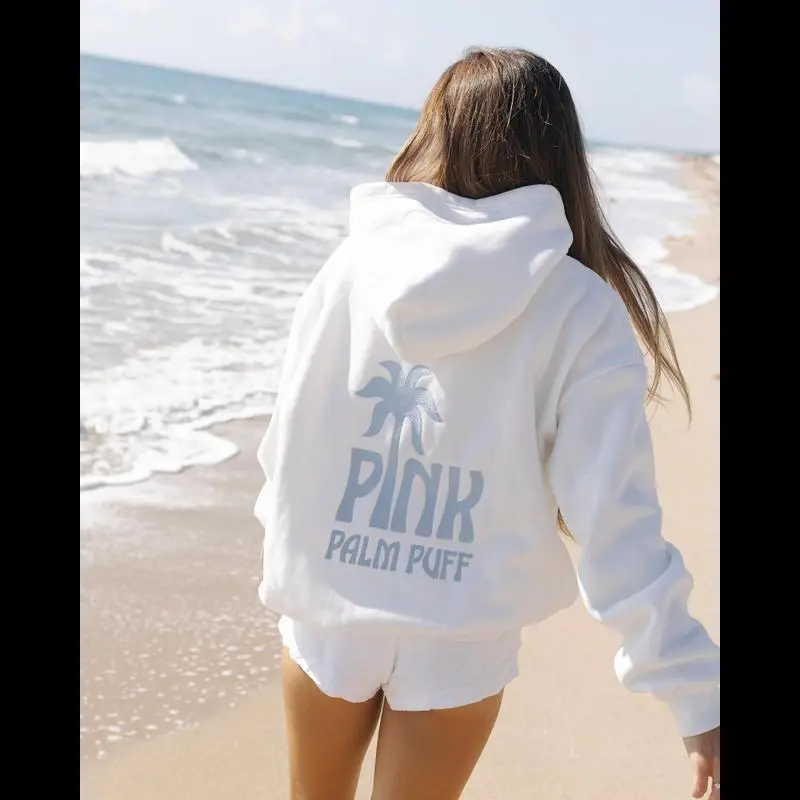 Pink Palm Puff Classic Puff Hoodie in Ocean Air, Women'S Casual Hooded Sweatshirt - White Pullover with Front Pockets, Soft & Durable Fabric, Machine Washable Fit Chic Pink Palm Puff Classic Puff Hoodie in Ocean Air, Women'S Casual Hooded Sweatshirt - White Pullover with Front Pockets, Soft & Durable Fabric, Machine Washable Fit Chic