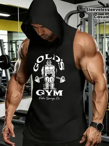 Men's Black Sleeveless Hooded Tank Top, Sports Clothing, Gold's Gym Palm Springs Retro Bodybuilder Graphic Fitness Hoodie Vest, Soft Breathable Fabric Workout Top for Gym Training, Bodybuilding & Casual Street Style, Gym Casual Wear