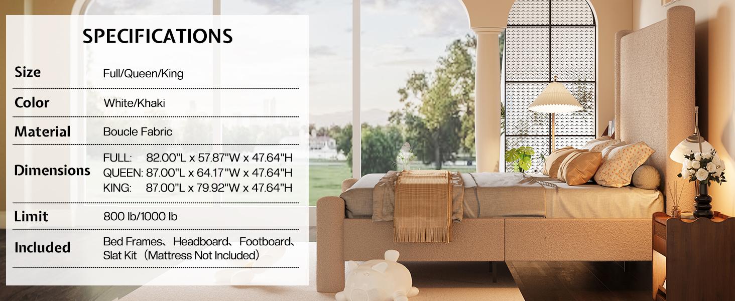 AMERLIFE Modern Bed Frame, Boucle Upholstered Bed Frame with Charging Station, Platform Bed with Soft rounded Corners, Easy Assembly, No Box Spring Required