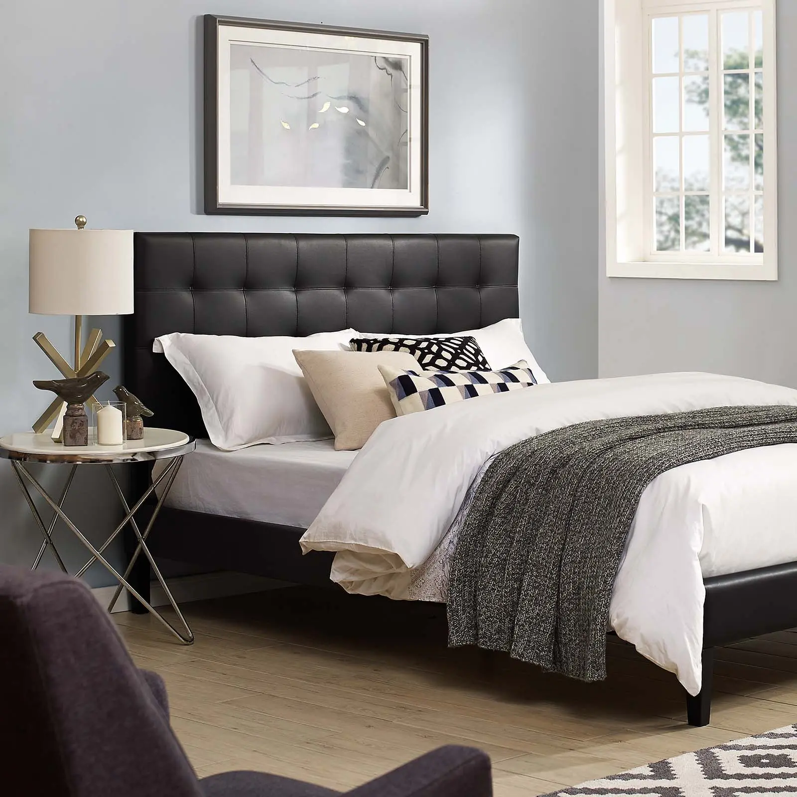 Modway Paisley Tufted Full-Queen Faux Leather Upholstered Headboard, Black Luxury Modern Design Furniture, Bed Frame