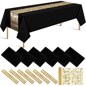 12 Pcs Rectangle Tablecloth 60 x 102'' and Sequin Gold Table Runner, Decorative Waterproof Table Cover Set for Christmas New Year Wedding Dinner Anniversary Party (Black)