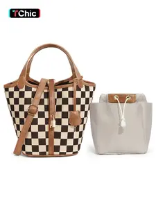 Women's Plaid Checkered Crossbody Bag, Polyester Bucket Bag for Women, Fashionable Bucket Bag, Vegetable Basket Shape Satchel with Top Handle Bags, Multi-Functional, Lightweight Adjustable Purse Handbags, Holidays Gift, Suitable For Work