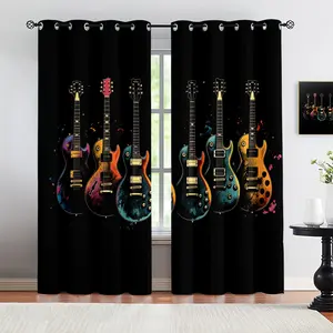 Vintage Watercolor Electric Guitar Print Curtains, Colorful Guitar Illustration Design, Semi-Transparent Polyester Fabric, Set of 2