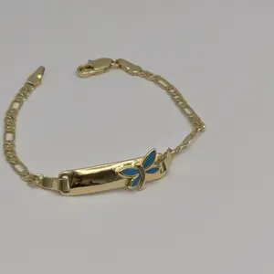 DRAGON-FLY BLUE  beautiful style bracelet 6"inches kids sizes figaro GOLD-PLATED ENGRAVING AVAILABLE