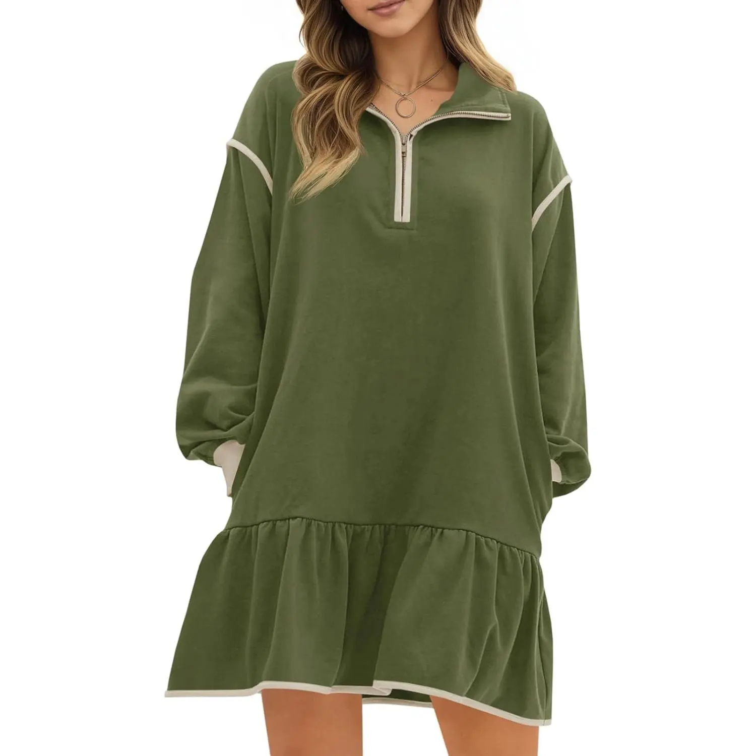 ARTFREE Womens Oversized Sweatshirt Dress Casual Long Sleeve Quarter Zip Ruffle Hem Pullover Mini Dresses