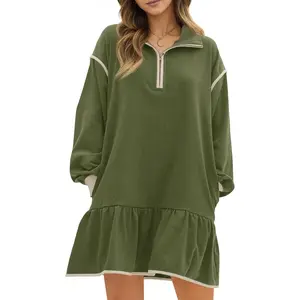 ARTFREE Womens Oversized Sweatshirt Dress Casual Long Sleeve Quarter Zip Ruffle Hem Pullover Mini Dresses