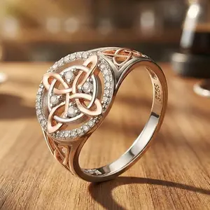 925 Rose Gold Plated Witches Knot Ring, Anillo Nudo de Bruja Original Celtic Knot Jewelry, Cubic Zirconia Decorated Witch’s Knot Ring, Witchtok Witch Jewelry Pagan Jewelry for Devotion and Protection Anniversary Gift